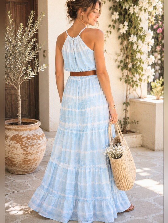 Ardene Dresses & Skirts - Boho Luxury Blue Tie Dye Halter Maxi Dress L | NWT Beach Vacation Resort Dress